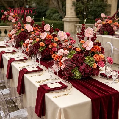 Hot Seller Wedding Flower Arrangement Artificial Burgundy Rose Wine Hydrangea Aisle Runner Flowers for Party Decoration