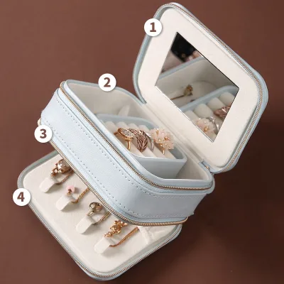 Wholesale Customizable PU Leather Multilayer Jewelry Box Built-in Mirror and Velvet Inner Jewelry Organizer Box for Travel