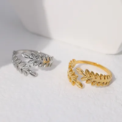 European American Cross Border Leaf Shaped Simple Ring Color-preserving Stainless Steel Ring Creative Love Open Ring
