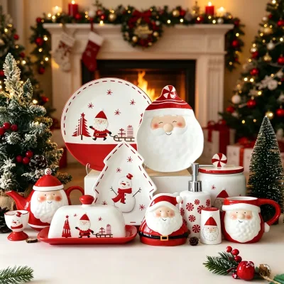Western Christmas Ceramic Dinnerware Set Underglaze Porcelain Set Flat Plate Cup Dishwasher Safe for Festive Holiday