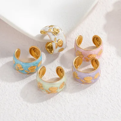 Hongfei European American-style Stainless Steel 18k Goldplated Rose-shaped Ring Women Trendy Exaggerated Style Online Subtly