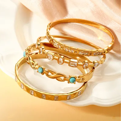 Stainless Steel Turquoise Clear Zirconia Inlaid Cuff Bangles Fashion Exquisite Jewelry Bangle for Women