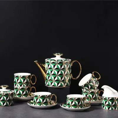 Luxury Coffee Tea Sets Handmade Porcelain Green Geometric Pattern Afternoon Tea Coffee Pot Cup Set