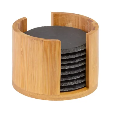 2023 Black Round Slate Coasters Wholesale Drink Coaster Set with Holder for Bar Kitchen Home Decor