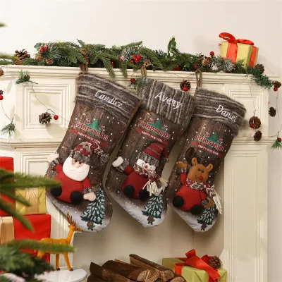 Christmas Fireplace Holiday Decor Gift Bag LED Glowing Xmas Hanging Stocking Light up Rustic Wood Print Christmas Stockings