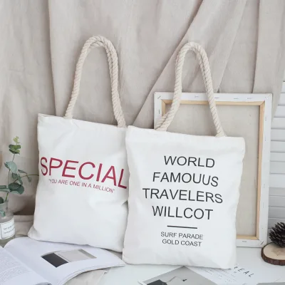 Fashionable Letter-print Womens Canvas Closure-free Tote Custom-made Shopping Bag Creative Advertising Design Zhejiang-made