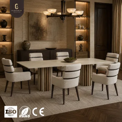 High End Architectural Oak Veneer Dining Table with Parquetry Top and Fluted Bases for Mansion Luxury Interior Design Project