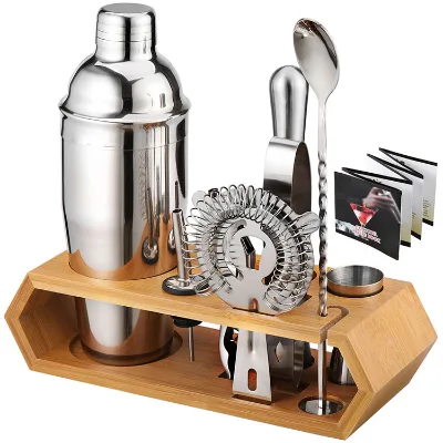 Custom Logo 750ml Stainless Steel Bar Accessories Bartender Jigger Spoon Cocktail Shaker Tols Set With Bamboo Wooden Stand