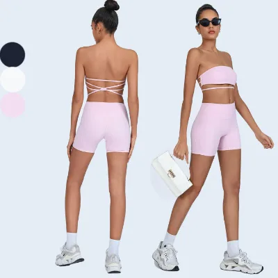 Wholesale Women Solid Color Strapless Sports Bra High Waist Shorts Sportswear Set Workout Yoga Sets
