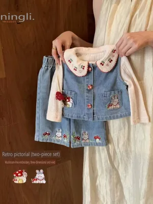 Girls' Denim Two-piece Set, Fashionable and Stylish 2026 New Spring Clothing, Little Girl's Baby Travel Suit