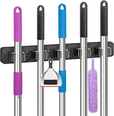 Bathroom Wood Broom Holder with 5 Clips and 4 Hooks Wall Mount for Home Organization and Storage Black Mop Holder