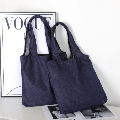 Customizable Denim Tote Bag with Top Handle Single Shoulder Strap Back Pocket Custom Pattern & Logo Printing