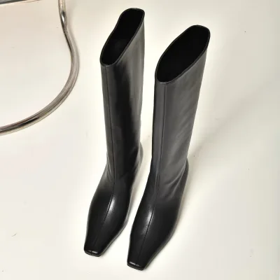 Women's Knee-High Genuine Leather Square Toe Heel Boots-Autumn/Winter & Summer