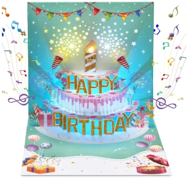 Factory Price 3D Pop up LIGHT Blowable Cake Happy Musical  Birthday Cards With Music and Cheers Sound Funny Popup for Kids
