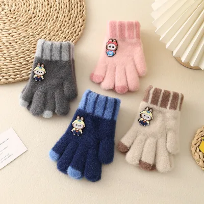 Custom Logo Children Winter Knitted Hand Protect Gloves Acrylic Fiber Solid Warm Mittens Finger Outdoor Child Gloves With Doll