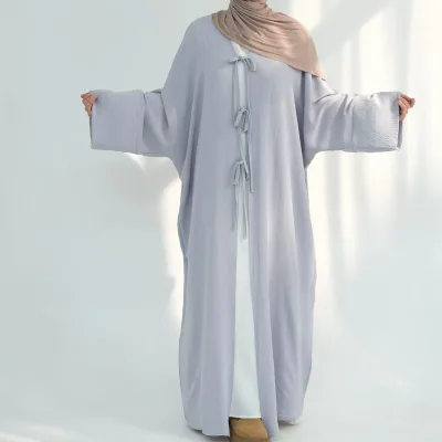 Custom OEM Ramadan Summer Sequined Embroidery Natural Waist Muslim Casual Solid Crepe Front Tie Open Abaya Modest Dress Women