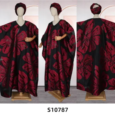 Women's Casual Polyester Dashiki Maxi Dress Autumn Season Inspired African Print Robe Turban Cross-Border Embroidery Dubai Style