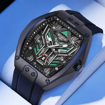 WLISTH Brand 6194 Men's Luminous Waterproof Silicone Band Sports Watch with 55mm Barrel Shaped Luxury Men Quartz Analog Watch