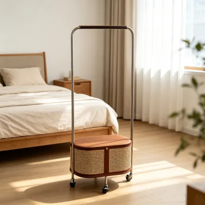 Traditional Eco-Friendly Floor-standing Solid Wood Rattan Woven Bedroom Furniture Clothes Hanger Movable Laundry Hotel Bathroom