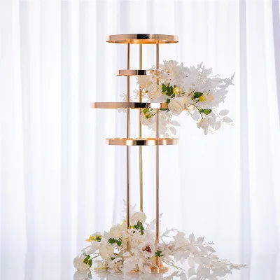 Wholesale 4 Layers Tall Metal Flower Stand Elaborate Gold Round Stand Road Leading Wedding Centerpiece Flower Holder