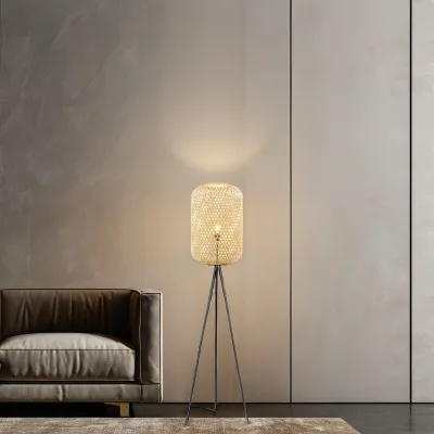 Home Hotel Living Room Decoration Modern Standing Metal Tripod Floor Standing Lamp with Natural Bamboo Lampshade