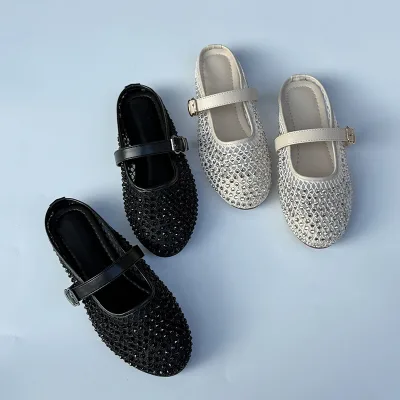 Women's Mesh Slip-On Slippers Summer Outdoor Breathable TPR Outsole Rhinestone Fairy Style Baotou Toe
