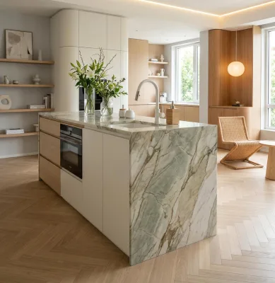 Floating Natural Green White Marble Kitchen Island for Minimalist & Modern Kitchen