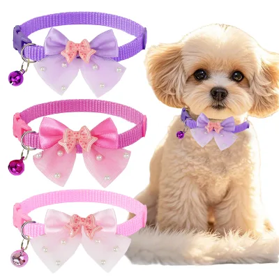 Adjustable Eco-friendly Polyester Dog Collar Solid Pink Girly Heart Bow Ribbons for Yorkshire Maltese Small Dogs Outdoor Walking