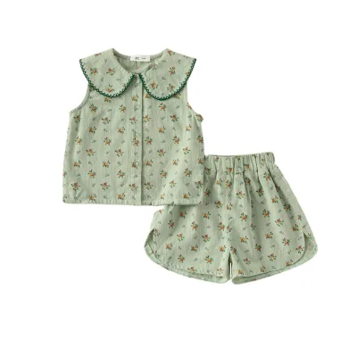 Summer Girls High Quality Best-Selling Casual Green Floral Suit Skin-Friendly Breathable Leisure Girls Two-Piece Suit