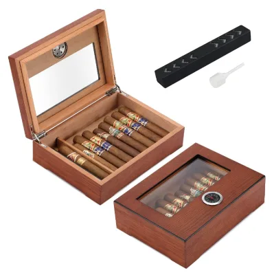 Handmade Cigar Humidor Glass Top  Cigar Box With Hygrometer Humidifier and Divider