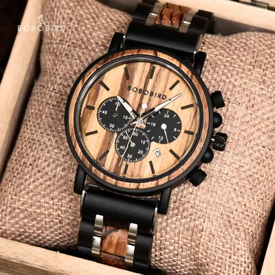 Wholesale for Fashion Stainless Steel & Wood Chronograph Watch for Men with Luminous Hands Quartz Movement Low MOQ