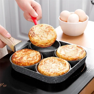 Factory Wholesale Custom Non Stick Medical Stone Aluminum Steak Skillet Fry Pan 2 4 Hole Cup Rgg Frying Pan With Wood Handle