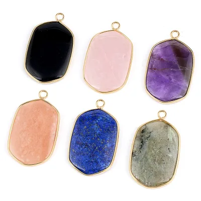 Wholesales Natural Amethyst Pendant Creative Gold Plated Edging Rectangular Healing Stone Earrings Necklaces for DIY Gift