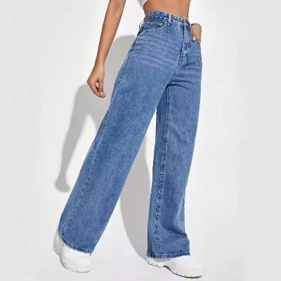 I-0737 Factory Straight Denim Trousers Women's Long Pants Washed Blue High Waist Fashion Casual Hot Sale Wide Leg Jeans