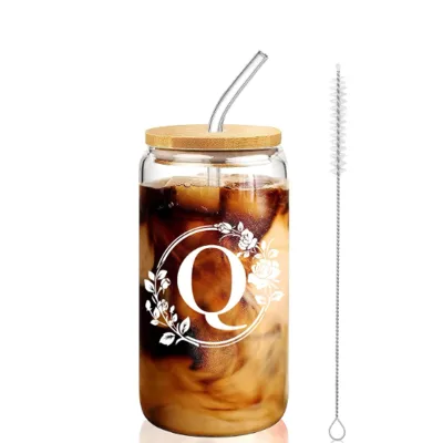 Wholesale High Quality Glass Cups with Lids and Straws 16oz High Borosilicate Coffee Glass with Letter logo Glass Mug