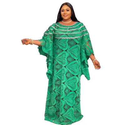New Fashion African Plus Size Ladies Cord Lace Embroidery Dress Temperament Long Skirt