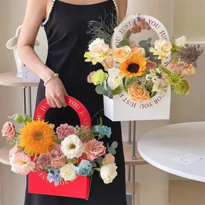 Flowers Packing Box Flower Basket Florist Paper Carton Carrier Bag Handheld Flower Basket Bouquet Boxes Folding Gift Box Party