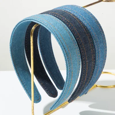 Handmade Fabric Hairband Solid Color Versatile Denim Wide Headband Sweet Cool Hair Accessory