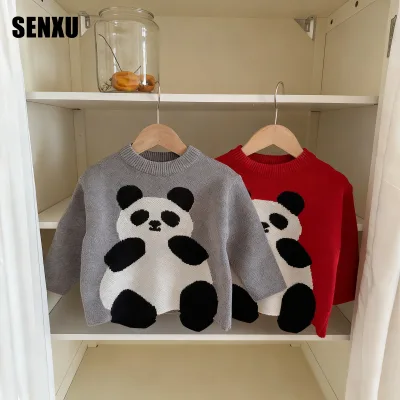 Children's Crew Neck Knit Sweater for Boys Featuring a Cute Panda Design