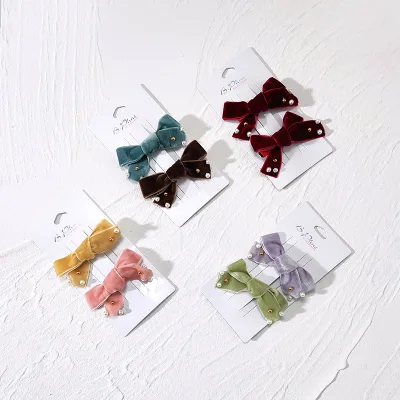2pcs/set Custom Baby Hair Accessories Sweet Bow Hairgrips Pearl Velvet Hair Clips Set for Kids