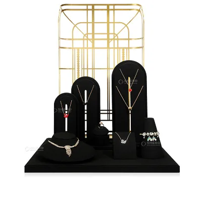 Full Set Portable Necklace Ring Display Stand Suede Black Leather Metal Stand for Jewelry Storage and Display