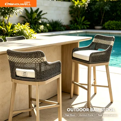 Solid Teak Wood Outdoor Bar Stool Hand Woven Rope Bar Chair with Cushion Aluminum Frame High Counter Stool for Garden Villa