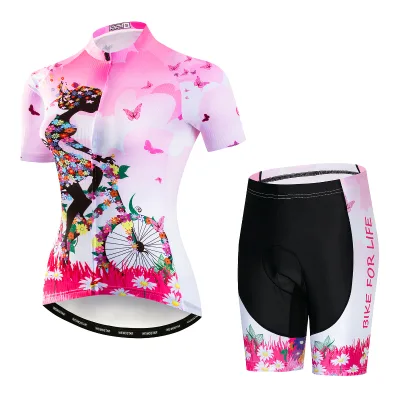 New Summer Short Sleeve Oem Cycling Jersey Set Gel Pad Bibs Shorts Bike Apparel Women Custom Bike Jerseys