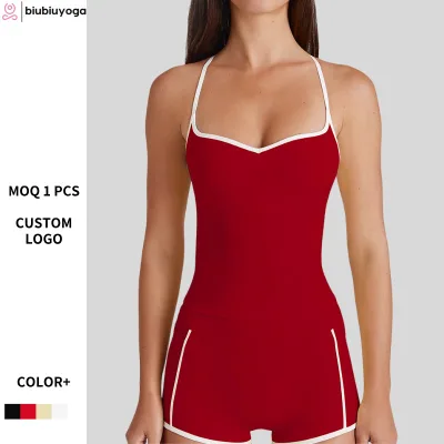 Sexy Slim Striped Spaghetti Strap Sports Tank Top with Criss-Cross Back, Breathable Yoga & Exercise Bra Set for Women