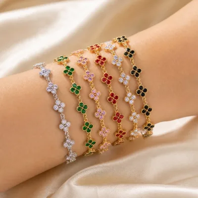 316L Stainless Steel Four Leaf Clover Bracelet Zircon Inlaid Gold Plated Lucky Flower Pendant Jewelry for Women Wholesale