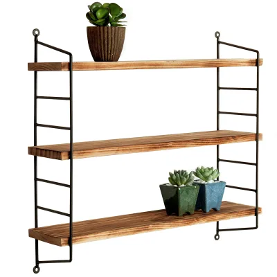 23-Inch 3-Tier Rustic Burnt Brown Wood Floating Shelf Wall Mounted Stainless Steel Industrial Modern Kitchen Islands Carts