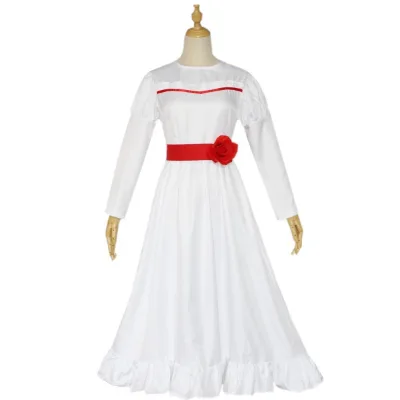 Conjing Doll Annabelle Halloween Horror White Dress Cosplay Costume Long Sleeve O Neck Female Performer Set for Adults and Girls