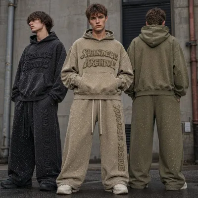 Custom Cotton Vintage Sun Faded Full Rhinestone Tracksuit Set Acid Wash Letter Patch Embroidery Pullover Hoodie and Sweatpants
