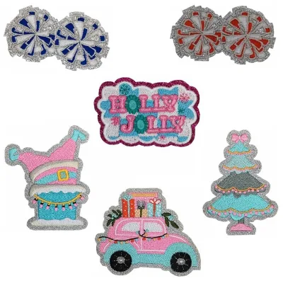 Christmas Tree Embroidery Patch with Cheer Ball Silver Glitter Border for Hats Clothing-Festive Patches for Holiday Decorations