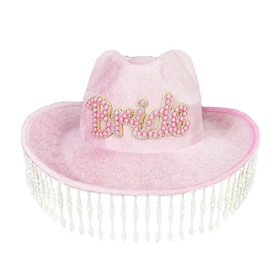 Hot-Selling Woman Girls Pink Bride Performance Cowboy Cowgirl Hat Pearl Tassel Denim Bridal Festival Party Concert Hats